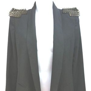 Studded Shoulders Open Front Black Jacket Blazer